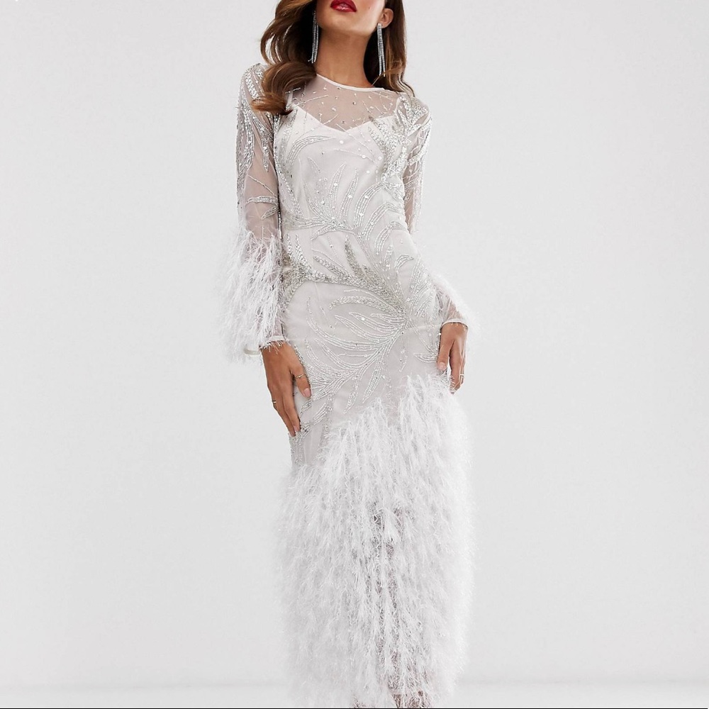 White Embellished Midi Dress with Faux Fur